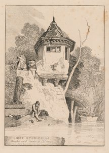 Liber Studiorum; Frontispice, utsikt över ett trädgårdshus på stranden av floden Yare av John Sell Cotman