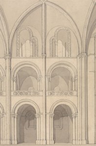 Perspektivisk vy av en del av klosterkyrkan Saint-Étienne i Caen, Normandie av John Sell Cotman