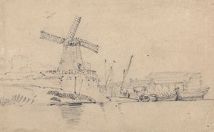 Flod och väderkvarn av John Sell Cotman