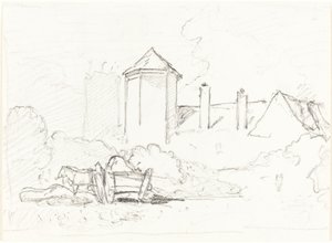 Skiss av byggnader med vagn och hästar i förgrunden av John Sell Cotman