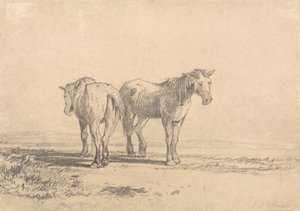 Två gamla hästar står på ett fält av John Sell Cotman