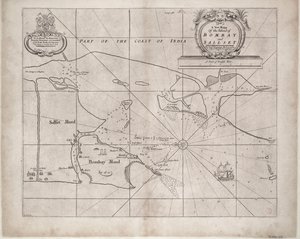 Karta över Bombay och Sallset av Samuel Thornton, hydrograf vid Ostindiska kompaniet, först utgiven ca 1685 av John Seller