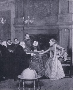 "Kungen av Spaniens flotta är utomlands", från Cassells History of the British People publicerad av Waverley Book Company, ca 1950-talet (litho) av John Seymour Lucas