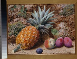 En ananas, en persika och plommon på en mossig bank