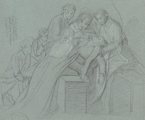 Studie för Central Group in the Death of Earl of Chatham (svart krita, förhöjd med vitt på blått papper) av John Singleton Copley
