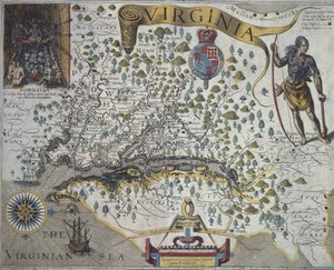 Karta över Virginia: Infälld bild (överst till vänster) som visar interiören i indianhövdingen Powathans hydda, av John Smith (1580-1631)