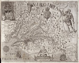 Karta över Virginia, upptäckt och beskriven av kapten John Smith, 1606, graverad av William Hole (fl. 1607-24), publicerad 1612 (se även 174212)
