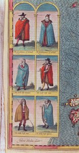 Irländska "Typer", detalj från Konungariket Irland, graverade av Jodocus Hondius (1563-1612), från "Theatre of the Empire of Great Britain", pub. av John Sudbury och George Humble, 1610 (färgad sv