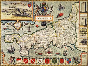Karta över Cornwall från "Theatre of the Empire of Great Britain", pub. i London av George Humble, 1627 års upplaga (handfärgad gravyr)