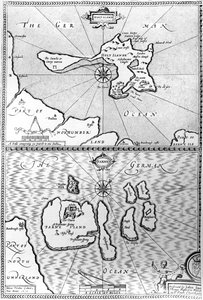 Kartor över Holy Island och Farne Island, Northumberland, från "The Theatre of the Empire of Great Britaine" av John Speed, 1676