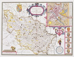 The West Ridinge of Yorkeshyre, graverad av Jodocus Hondius (1563-1612) från John Speeds "Theatre of the Empire of Great Britain", 1611-12 (handfärgad kopparstick)