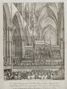 konsert för att fira 25-årsdagen av George Frederick Handel (1685-1759) - Utsikt över galleriet förberedd för mottagandet av deras majestäter den kungliga familjen