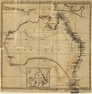 Ett nytt sjökort över New Holland med New South Wale utritat och en plan för Botany Bay. LOC 00556400 av John Stockdale