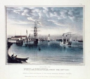 Philadelphia från Navy Yard, ca 1840 (färg litho)