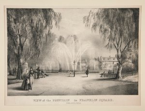 Utsikt över fontänen i Franklin Square, Philadelphia