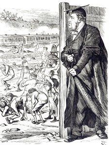 En tecknad serie som föreställer William Vernon Harcourt (1827-1904) som när inrikesministern rekommenderade införandet av björken istället för frihetsberövande för ungdomsbrottslingar. Illustrerad av John Tenniel (1820-1914), en engelsk illustratör, grafi av John Tenniel