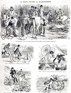 En tecknad film föreställer en man som jagar på en trehjuling. Illustrerad av John Tenniel (1820-1914), en engelsk illustratör, grafisk humorist och politisk serietecknare av John Tenniel