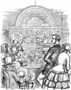 Albert, Prince Consort of Queen Victoria, visar upp Crystal Palace och den stora utställningen i Hyde Park, London. John Tenniel tecknad från Punch London 1851. Trästick av John Tenniel