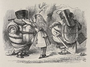 Alice klär ut Tweedledee och Tweedledum. av John Tenniel