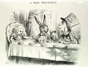 Alice tar Lewis Carrolls "" Alices äventyr i Underlandet och genom glasögonen", illustration av John Tenniel (1820-1914) av John Tenniel