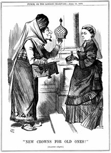 Benjamin Disraeli erbjuder Indiens krona till drottning Victoria. Hon utropades till Indiens kejsarinna den 1 maj 1876. John Tenniel tecknad från Punch London 15 april 1876 av John Tenniel