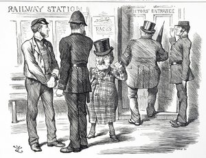 Tecknad serie som kommenterar vädjanden om att en blocksystemsignal ska göras obligatorisk på British Railways av John Tenniel