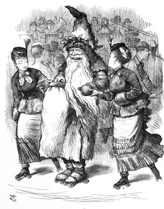 Tecknad film föreställande jultomtens rullskridskoåkning av John Tenniel