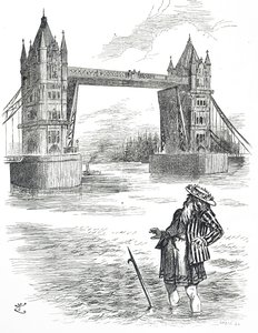Tecknad film föreställande Fader Thames som beundrar Tower Bridge, London av John Tenniel