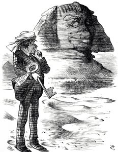 Tecknad serie som visar premiärminister Benjamin Disraeli som håller Suezkanalen som nyckeln till britternas besittning och inflytande i Indien av John Tenniel