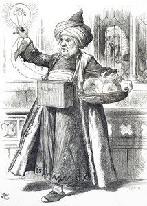 Tecknad film föreställande William Ewart Gladstone som Aladdin av John Tenniel