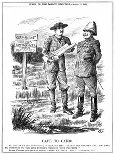 Cecil John Rhodes (1852-1902) engelskfödd sydafrikansk statsman som ber den tyska kejsaren om tillåtelse att köra en telegraflinje genom tyska Östafrika. Cape To Cairo, tecknad av John Tenniel från 
