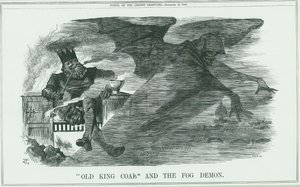 Effekter av att bränna Old King Coal på London. Dimman orsakade astma, bronkit, lunginflammation, lunginflammation, etc. John Tenniel tecknad film från Punch, London av John Tenniel