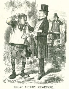 Stor höstmanöver: Gladstone trodde att rösten så småningom måste ges till jordbruksarbetare (Hodge). Vid den här tiden var hans premiärskap skakig och Disraeli väntar på att ta hans plats. John Tenniel tecknad från Punch, London, 9 augusti 1873. av John Tenniel