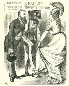 Hugh Childers (1827-1896) brittisk parlamentariker som berättar för Britannia om framgången med den nya valurnan. John Tenniel tecknad från 