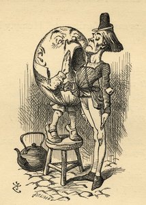Humpty Dumpty, illustration från "Through the Looking Glass" av Lewis Carroll (1832-98) publicerad först 1871 av John Tenniel