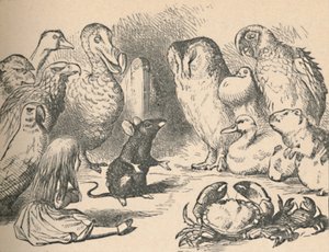 Illustration för kapitlet ett Caucus-lopp och en lång svans. Alice och olika varelser, som t.ex av John Tenniel