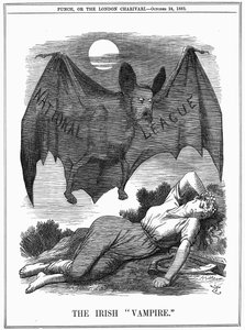 Irish National League, med Charles Stewart Parnells (1846-1891) ansikte, visad som en vampyr på jakt efter Irland. John Tenniel tecknad film från Punch London, 24 oktober 1885. Gravyr av John Tenniel