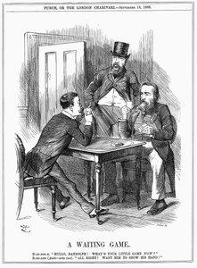 Lord Randolph Churchill (vänster) försöker få Charles Stewart Parnell, irländsk politiker, att visa sin hand och låta Churchill och Hartington veta hur han kommer att använda parnellitröster som han befaller i underhuset. Tecknad John Tenniel från Punch 18 av John Tenniel