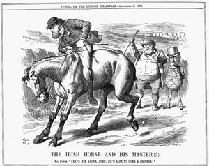 Mr Punch säger åt John Bull att ignorera Charles Stewart Parnell (1846-1891), irländsk politiker, eftersom han säkerligen kommer att komma en cropper ridande på den irländska hästen. John Tenniel tecknad från Punch London 5 september 1885. Gravyr av John Tenniel