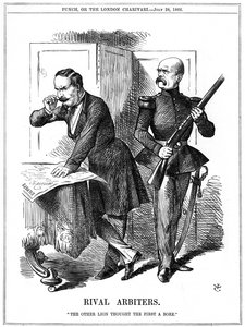 Napoleon III (1808-1873), Frankrikes kejsare 1852-1870, och Otto von Bismarck (1808-1783), Preussens förbundskansler, skar upp Europa. Deras motstridiga ambitioner ledde till det fransk-preussiska kriget 1870-1871. John Tenniel tecknad från Punch, London,  av John Tenniel