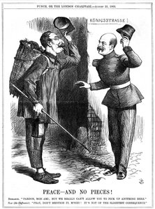Napoleon III, fransk kejsare 1852-1870, klädd som en lumplockare (Chiffonnier), varnad av den preussiske förbundskanslern Otto von Bismarck. Napoleons territoriella ambitioner ledde till det fransk-preussiska kriget 1870-71. John Tenniel tecknad från Punch av John Tenniel