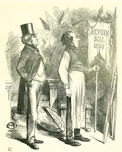 Politisk ekonomi: Reform av parlamentet - förlängning av franchisen. Disraeli (kansler) och Derby (premiärminister) dammar av reformpropositionen. 1867 presenterade Disraeli ett nytt lagförslag. John Tenniel tecknad film från Punch, London av John Tenniel