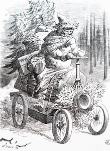 Tomten tävlar genom snön. Av John Tenniel (1820-1914), en engelsk illustratör, grafisk humorist och politisk serietecknare av John Tenniel