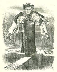 Sätt ner två och bär en.?: Gladstone, den brittiske premiärministern, i en dilemma över vilka av de kontroversiella irländska lagförslagen som ska kastas. John Tenniel tecknad från Punch, London, 3 april 1886. av John Tenniel