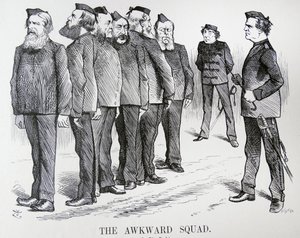 DET TABBLIGA TRUPPET. Tecknad John Tenniel. Svårigheterna som Disraeli hade med olika åsikter i sitt kabinett om politiken för det rysk-turkiska kriget av John Tenniel