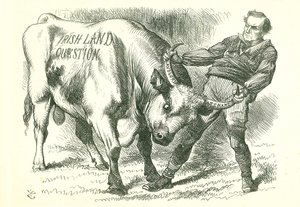 Att ta den (irländska) tjuren vid hornen: Lagförslaget antogs av parlamentet den 15 februari 1870 och fick kungligt samtycke den 8 juli. William Gladstone, premiärminister, som behandlar frågan. John Tenniel tecknad från Punch, London, 26 februari 1870. av John Tenniel