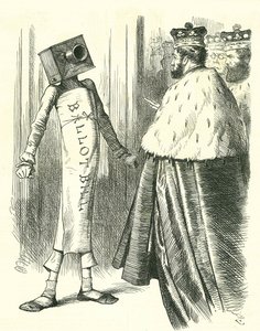 Valsedeln som står upp till House of Lords. John Tenniel tecknad film från 