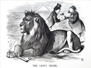 Den brittiska regeringen bemyndigar familjen Rothschild att köpa ut aktier i Suezkanalen. av John Tenniel