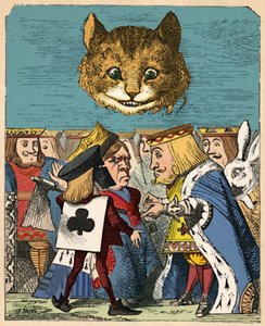 Cheshire Cat tittar ner på de röda kungen och drottningen som bråkar, 1889 av John Tenniel