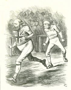 Avslutningen: Allmänna valet 1886. Gladstone (liberal) åkte till landet över sitt lagförslag för hemstyre för Irland. Salisbury (konservativ opposition) slår Gladstone till mållinjen. John Tenniel tecknad film från Punch, London av John Tenniel